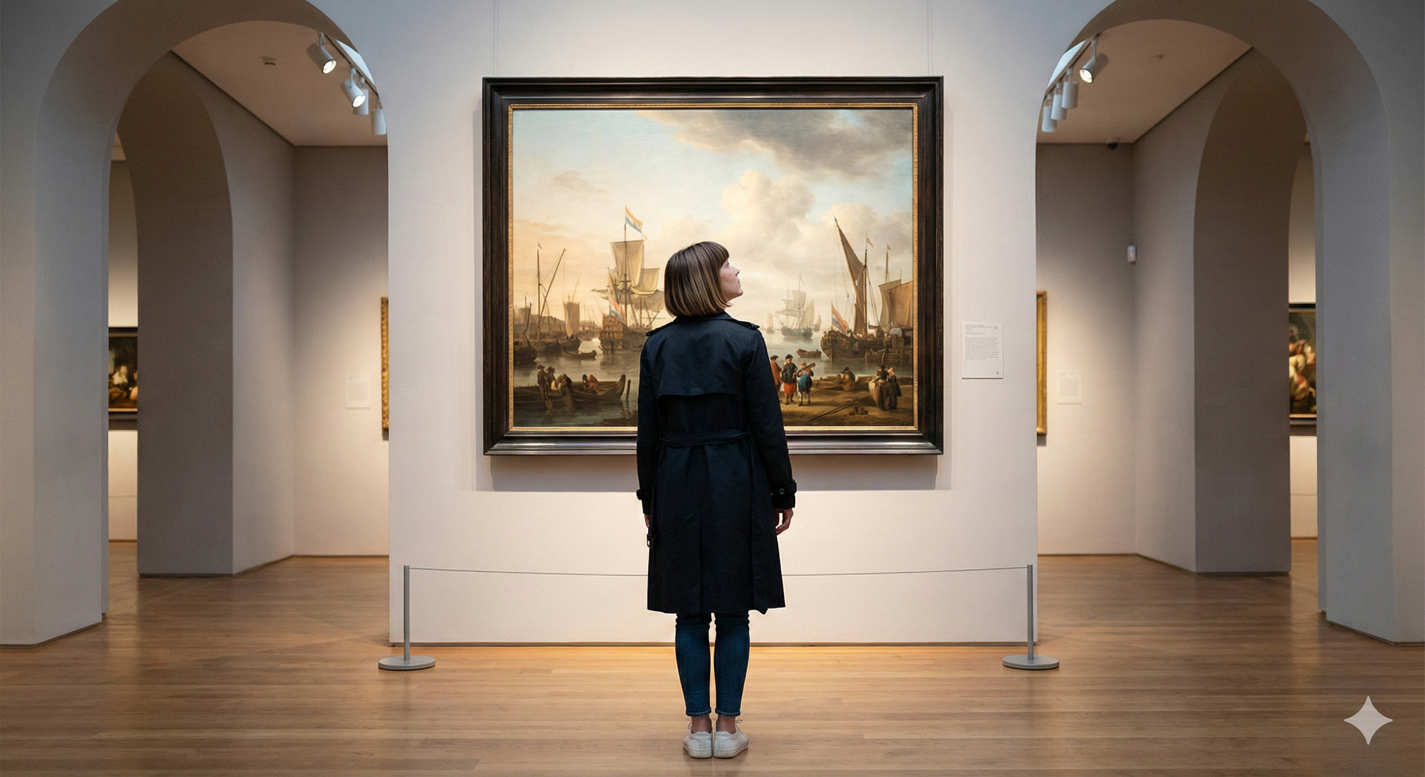 Modern visitor looking at classic art