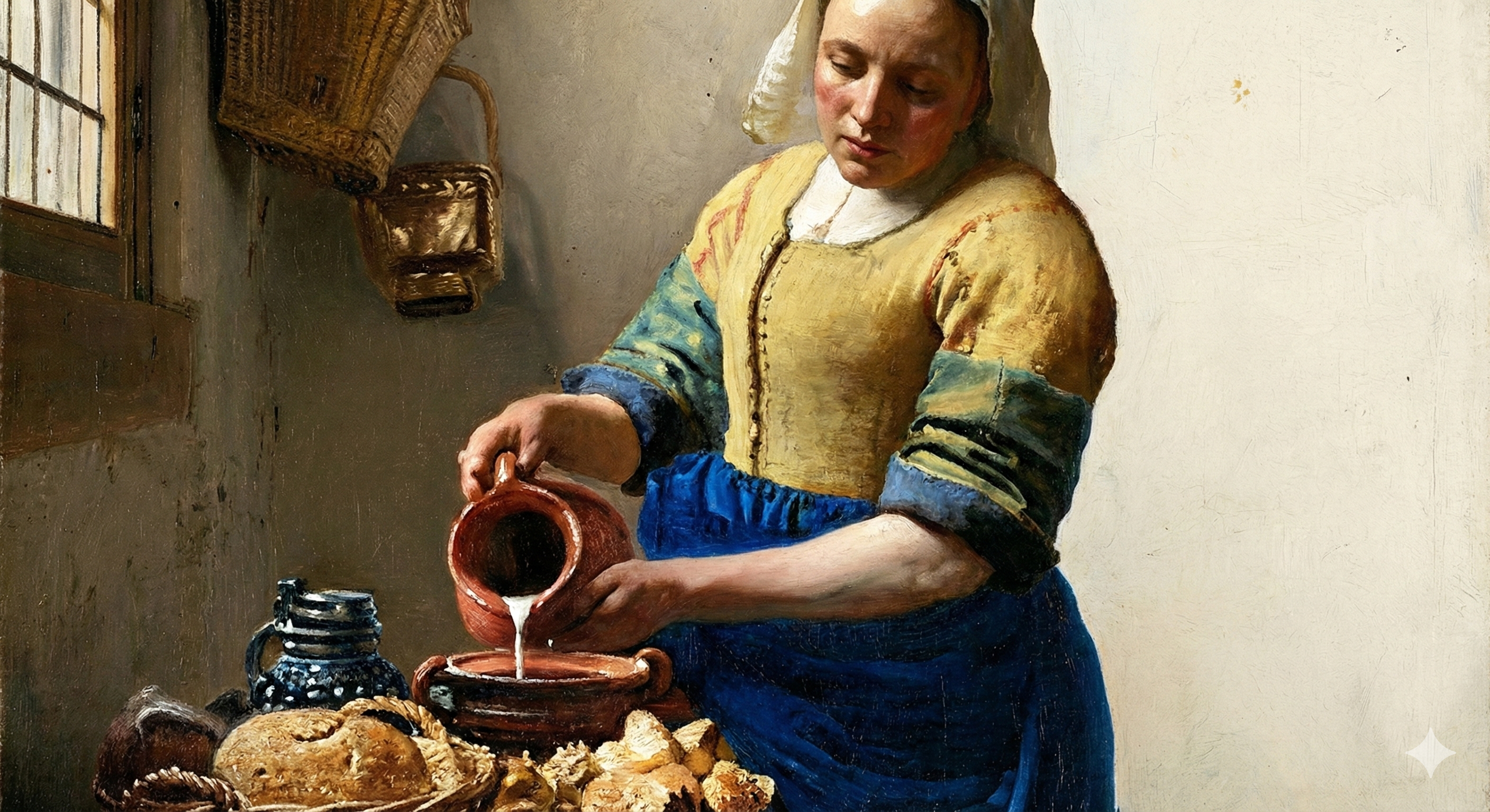 Detail of The Milkmaid by Vermeer showing light on bread